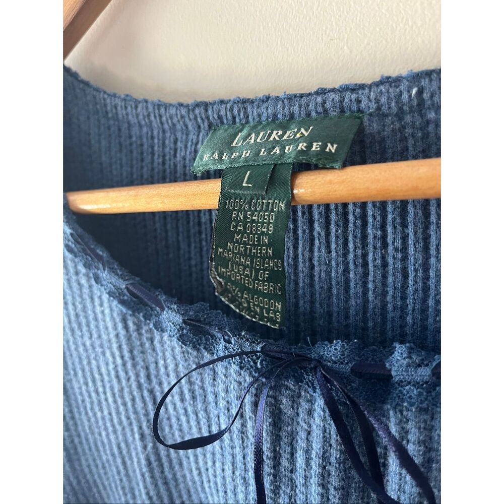 Lauren Ralph Lauren Blue Waffle Knit y2k 100% Cotton blouse L Lace Trim coquette - Picture 8 of 8